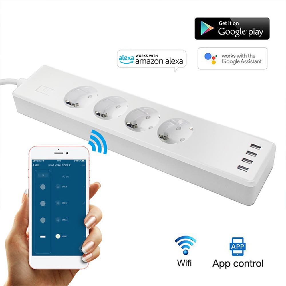 Jemora Multiprise Wi-Fi intelligente 16 A avec 4 prises de protection contre les surtensions et 4 ports USB Prises intelligentes multi-ports Télécommande Wi-Fi avec fonction de synchronisation Compati