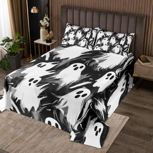 jejeloiu Boys Girls Halloween Coverlet Set Twin Size, Cute Ghost Quilted Coverlet Ghost Festival Bedspread Kids Cartoon Teens Quilted Bedroom Decor with 1 Pillow Case