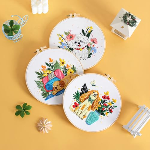 Image of GLTAYLMY Cute Dogs Embroidery Kit for Beginners with Pattern and Instructions,3 Pack Cross Stitch Kits,1 Plastic Embroidery Hoops,Threads and Needles,Needlepoint Kit for Adults