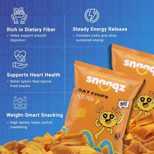 Image of Snaaqz Oat Chips Peri Peri Flavour | Crunchy & Spicy Baked Snack | Palm Oil Free | Vegetarian Healthy Snack Chips (Pack of 3)