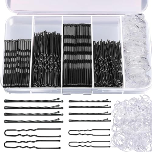 YOOJ 300 Pcs Bobby Pins Hair Pins Kit with Storage Box Black & Clear Hair Bands Multi Styles Barrettes for Women Teens & Daily Use (Black)