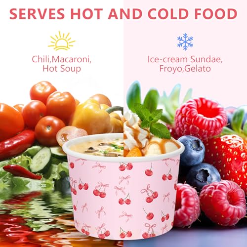 Image of Funnymoom 50 Pack Cherry Bow Ice Cream Cups 9 oz Pink Bow Cherry Disposable Dessert Bowls Coquette Paper Soup Bowls Snack Cups for Hot or Cold Food for Baby Shower Wedding Bachelorette Birthday Party
