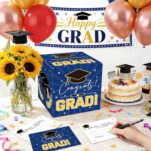 Image of Graduation Card Box Graduation Decorations 2026 Grad Card Box for Gift Graduation Party Favors Decor Party Supplies (Dark Blue, 50 Cards)