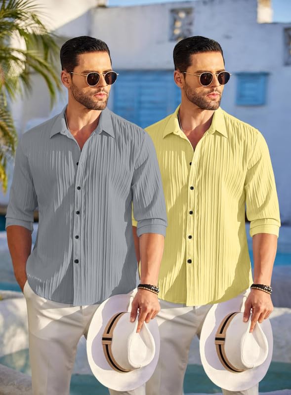 Image of FINIVO FASHION Men's Cotton Blend Shirt Set Lightweight, Full Sleeves, Plain Texture, Button Closure, Summer Ready (Pack of 2)