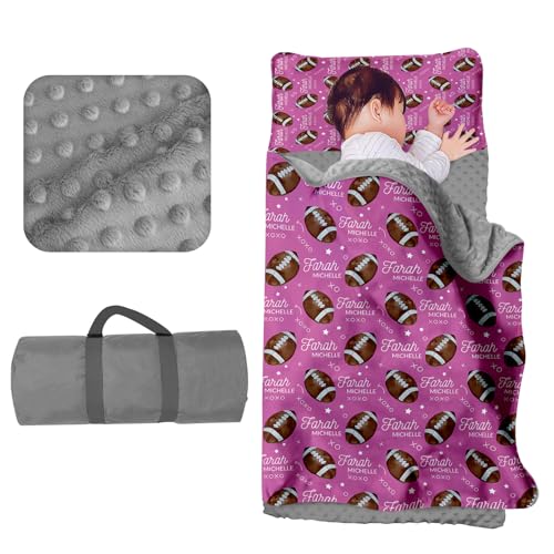 Evulum Personalized Toddler Nap Mat for Daycare - Kids Girls Sleep Mats with Removable Pillow & Blanket, Custom Name Preschool Kindergarten Cot Bedding Sleeping Bag Pink Football