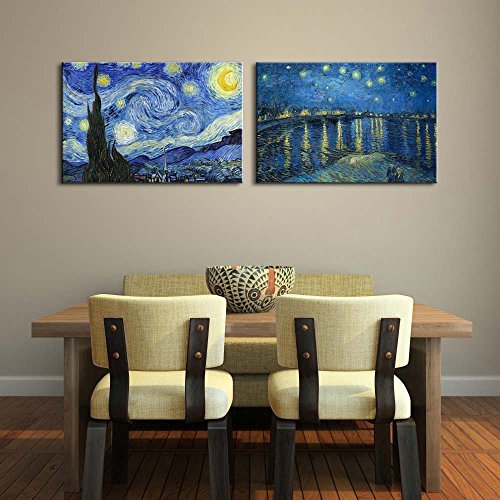 Wall26 Starry Night & Over The Rhone River Canvas Prints Set Of 2 - Reproduction Of Van Gogh/Ready To Hang - 16" X 24" X 2 Panels #TOP1