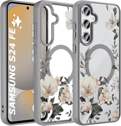 Image of VONZEE Compatible with Samsung S24 FE 5G Case Luxury Retro Flowers Floral Clear for Magnetic Wireless Charging Case Shockproof Case PC+TPU Cute Glossy Shiny Cover for Girls Women|Grey