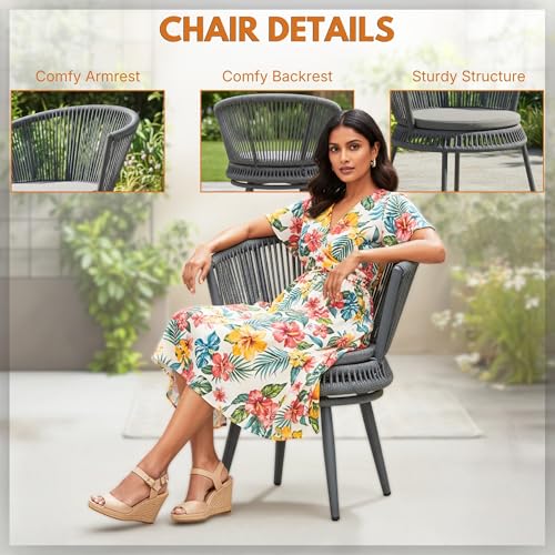 Image of DEVOKO Outdoor Rope 3 Piece Handwoven Crown Shape Rope Chair & Glass Top Side Table with Metal Frame for Garden, Pool, Deck, Backyard, Balcony (Grey)
