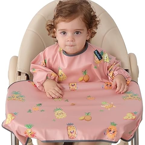 PewinGo Weaning Bib & BLW Attaches and Fully Cover to Baby Highchair, Long Sleeves Bib with Waterproof, Machine Washable & Comfortable,Easy to Clean, Suitable for Baby Infant-Pink Cover