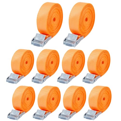 10 Stück Spanngurt,Zurrgurt,25 mm x 4 m,Spanngurte mit klemmschloss Für Fahrräder,Trolleys,Motorrad Gepäck,nach DIN EN 12195-2(Farbe orange) (A:10 Stück Orange –4 m x 25 mm)