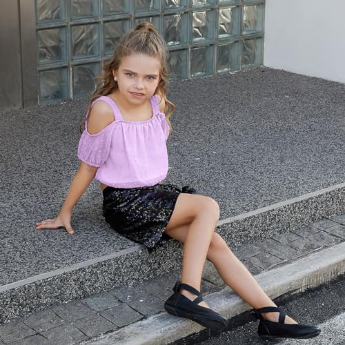 Perfashion Girls Puff Short Sleeve Corp Tops Cold Shoulder Shirts swiss dot chiffon blouse for 4-13 Years4