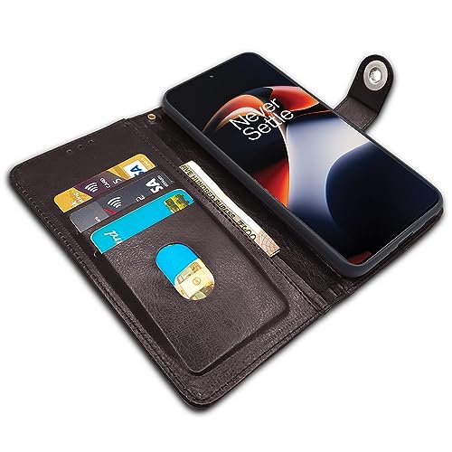Image of Pikkme OnePlus 11R 5G Flip Cover Leather Finish | Inside TPU with Card Pockets | Wallet Stand and Shock Proof | Complete Protection Button Flip Case (Coffee)