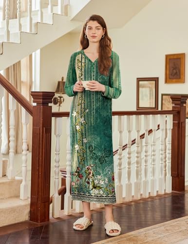 Ekouaer Nightgown Long Sleeve for Women Sleepwear V Neck Loungewear Button Full Length Nightshirt2