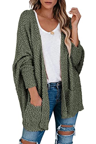 MEROKEETY Women's Fuzzy Popcorn Batwing Sleeve Cardigan Knit Oversized Sherpa Sweater Coat, Olive, L