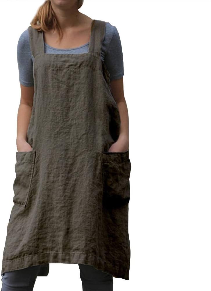 ECOSWAY Women Cotton Linen Apron Type Dress Solid Summer Autumn Dresses with Pockets