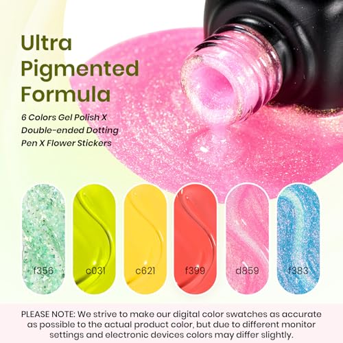 Image of Beetles Summer Gel Nail Polish Set, Yellow Coral Green Glitter Pastel Gel Polish with Bees Stickers 6 Color Buzzy Field Theme for Nail Art Gift for Women