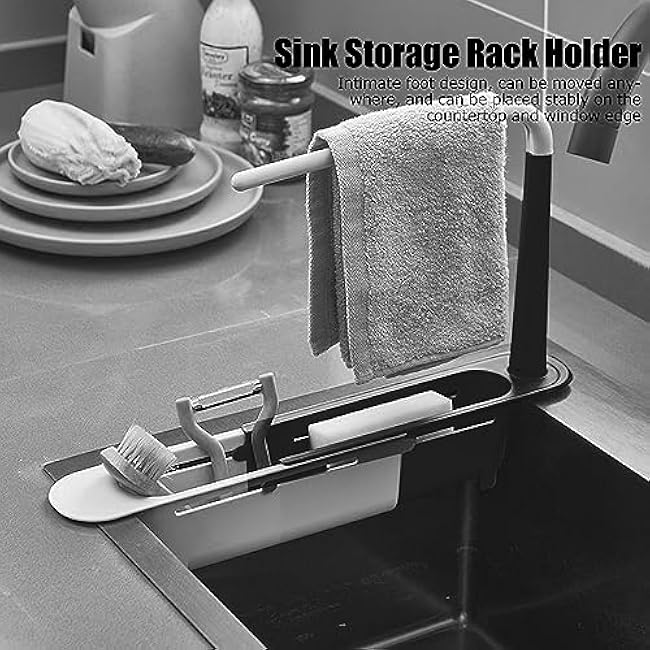 Telescopic Sink Storage Rack, Retractable Sink Drainer with Bracket and Crossbar Sink Storage Rack Kitchen Telescopic Sink Storage Rack(Black)
