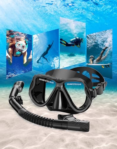 Foto von QcoQce Schnorchelset für Erwachsene, Trocken Schnorchel mit Anti-Fog und Anti-Leck Tauchmaske aus Gehärtetem Glas, Panorama Sicht und Leichtes Atmen für Schnorcheln und Tauchen