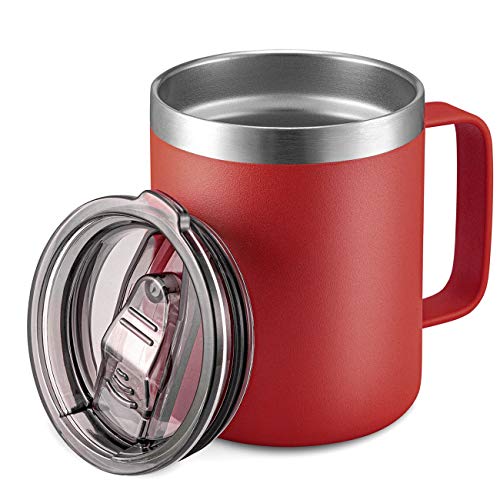 12oz Stainless Steel Insulated Coffee Mug with Handle Double Wall Vacuum Travel Mug Tumbler Cup with Sliding Lid Red