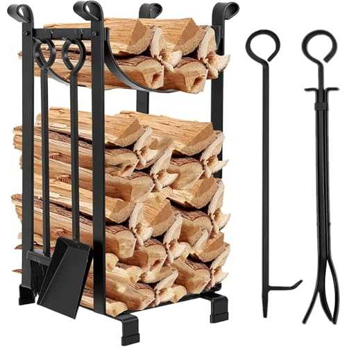 Portalegna da ardere per interni ed esterni, Portalegna per caminetto alto 30,7 pollici con set di attrezzi per caminetto, Portalegna per tubi in acciaio impermeabile Portalegname impilabile
