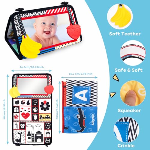 Image of Molly & Nemo Tummy Time Baby Mirror Toys with Crinkle Cloth Book & Teether - Black and White High Contrast Baby Sensory Toys - Montessori Newborn Brain Development
