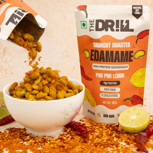 Image of The Drill Crunchy Roasted Edamame Beans - Piri Piri Lemon Flavour | 132g Protein |Pack of 12 (30g Each) | High Protein Healthy Snack | 100% Veg | Gluten Free | No Added Sugar | Non-GMO | Rich in Fiber