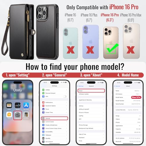 Defencase for iPhone 16 Pro Magnetic Wallet Case Compatible with Magsafe with RFID Blocking Zipper Strap Card Holder for Women Men PU Leather Detachable Case for iPhone 16 Pro (6.3 inches), Black by Defencase - Used condition - Image 7