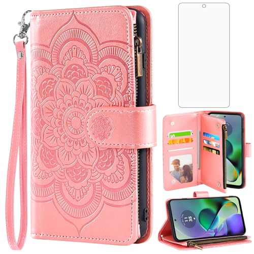 Asuwish Étui portefeuille pour Motorola Moto G54 5G avec protecteur d'écran en verre trempé et fleur en cuir synthétique à rabat avec porte-cartes de...