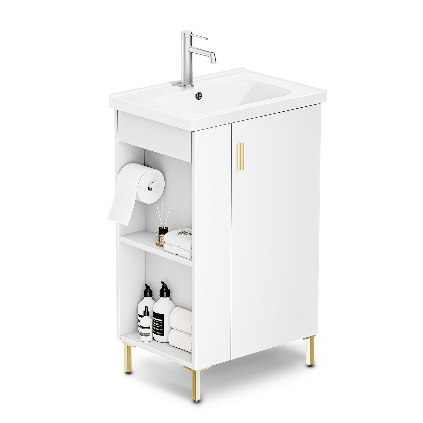 phiestina 20 Inch White Pre-Assembled Small Bathroom Vanity Cabinet with Ceramic Sink, Soft-Close Door, Left Side Storage, Space-Saving Design, No Faucet, BV05-20-WHITE-PLUS