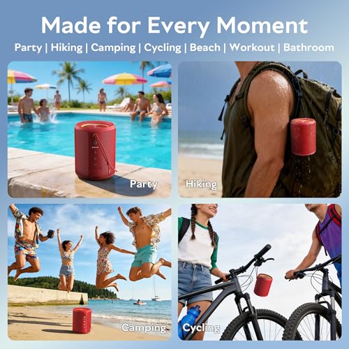 Image of Portable Bluetooth Speaker, IPX7 Waterproof Wireless Speaker with 20W Loud Stereo Sound, 15H Playtime & Beat-Synced RGB Light, Small Outdoor Speaker for Shower, Pool, Beach,Hiking,Gifts(Red)