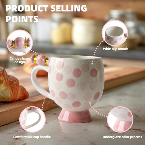 Image of DIF DECO Ceramic Mug Cute Candy Shape, Unique Holiday Mug with Handle Hot Cocoa Cup Perfect for Tea & Coffee Lovers, Gifts for Family Friends or Children 12 OZ (Pink Dots)