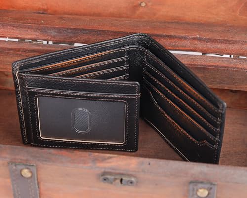 Real Leather Wallet for Men RFID Blocking Bifold 12 Card Slots 2 ID Windows Full Grain Vintage Coffee (black brown with deer)3