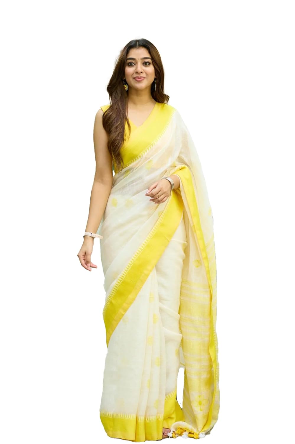 Pujia Mills Women’s Soft Linen Slab Sarees with Jaquard Work with Unstitched Blouse Piece Pujia Mills Women’s Soft Linen Slab Sarees with Jaquard Work with Unstitched Blouse Piece