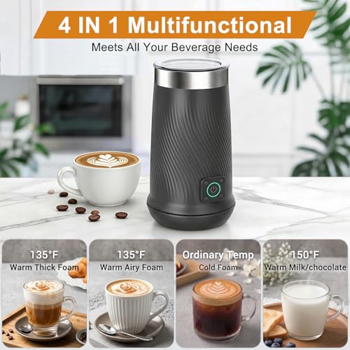 Image of Wowteam Milk Frother, 4-in-1 Electric Milk Steamer, Warm and Cold Milk Warmer and Foam Maker for Coffee, Latte, Cappuccinos, Macchiato, 8.2oz /240ml, Stainless Steel (Black)