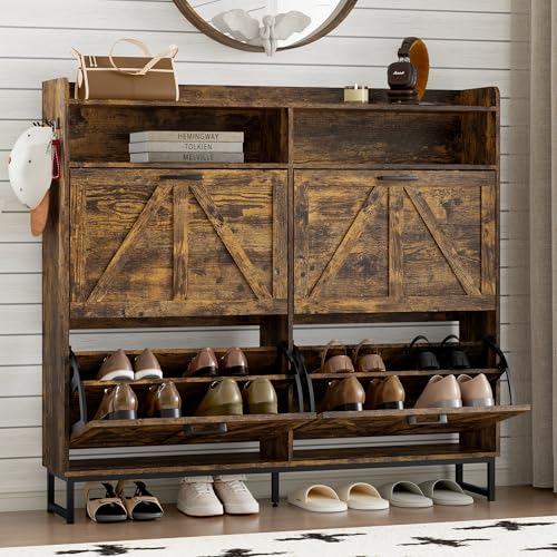 Image of BORNOON Shoe Cabinet with 4 Flip Drawers Narrow Shoe Storage Cabinet Organizer Wooden Freestanding Shoe Rack Hidden Slim Shoes Storage Cabinet for Entryway, Hallway, Living Room, Bedroom