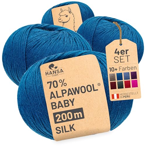 HANSA-FARM |Alpawool 70% Baby Alpaka mit 30% Seide 200g Set (4 x 50g) seidige und kratzfreie Wolle zum Stricken & Häkeln - CF259 Petrol
