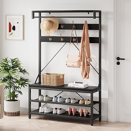 IDEALHOUSE Coat Rack Shoe Bench Industrial Hall Tree Storage Bench for Entryway, Wood Look Accent Large Shoe Rack with Storage Shelf Hanging Bar and 8 Hooks Black 39.9"x15.7"x72"