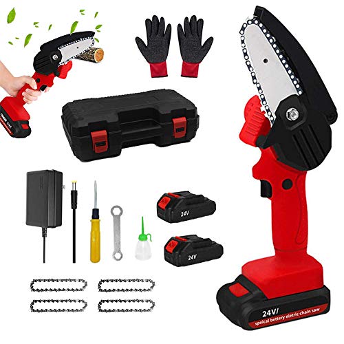Mini Chainsaw Set Cordless Electric Protable Chainsaw with 4 Chain and Splash Board 0.7kg Lightweight Pruning Shears Chainsaw for Garden Tree Branch Wood Cutting(4-Inch 24V 550W),Mini Chainsaw red