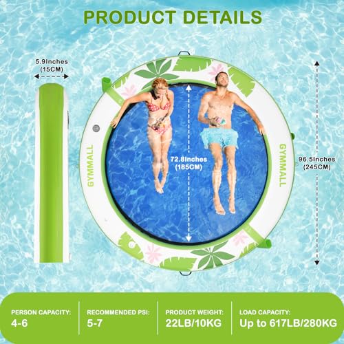Image of Inflatable Water Hammock Floating Dock 8 FT with Mesh, Tanning Pool Raft Round Ring for Adults, Float Platform for Lake and Beach with Water Ladder and Cup Holder