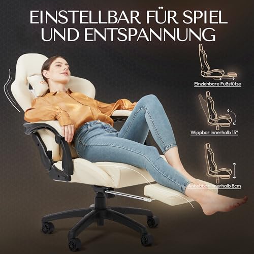 Sedia da Gioco, da Ufficio, da scrivania con Massaggio e Supporto Lombare. Stile Vintage Sedia Girevole con Schienale Alto e con poggiapiedi Regolabile (Avorio) - Sedia gaming - Immagine 4