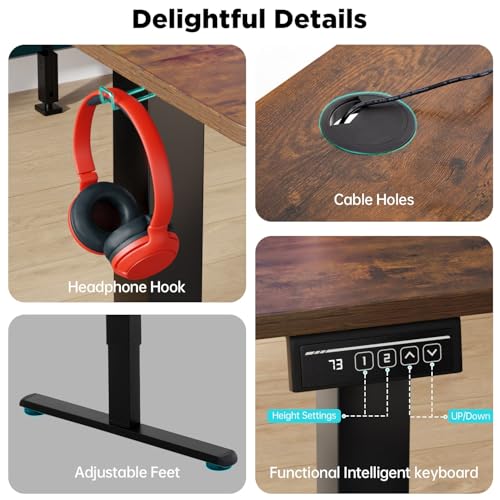 Image of PayLessHere 55 Inch Electric Standing Desk Sit Stand up Desk Home Office Desk with Large Space Headphone Holder 2 Memory Function for Home,Office,Meeting Room (Brown)