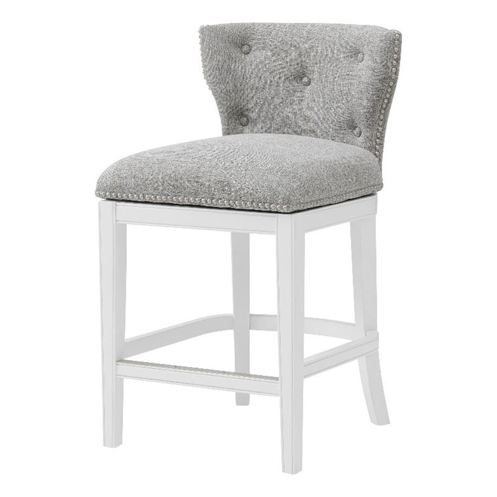 Miranda Swivel Counter Height Bar Stool, White, 26.75 in. Seat Height, Upholstered Linen-Like Fabric with Button Tufting, Steel Memory Return Swivel Mechanism, Durable Metal Kick Plate