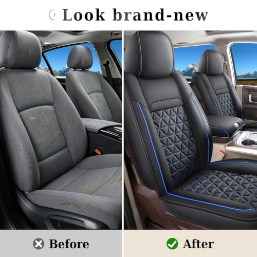 Image of Coverado Car Seat Covers Full Set, Leather RAM 1500 Seat Covers Protectors Compatible with 2002-2026 Dodge RAM 1500 2500 3500 Crew Double Mega Quad Cab with Flat Bench, Black&Blue line