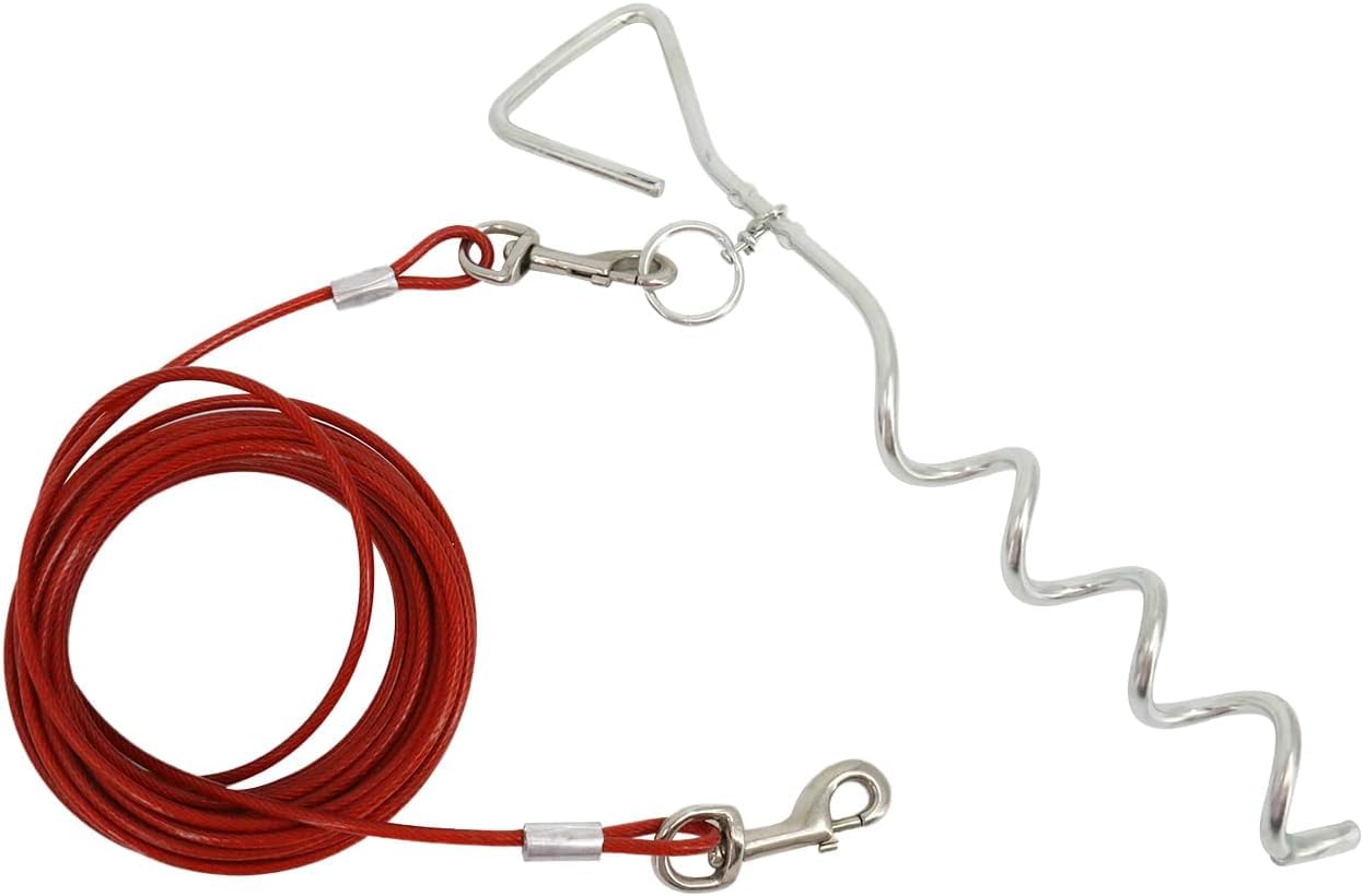 Kabel do wiązania dla psa i palik na kemping na świeżym powietrzu i podwórka, idealny dla małych, średnich i dużych psów (3, czerwony)