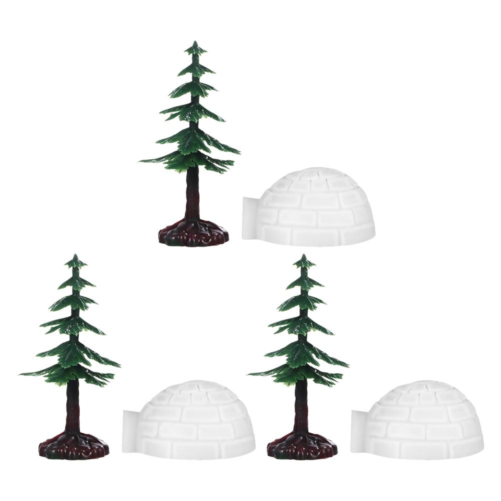 LOGOFUN 6PCS Miniature Winter Models Mini Ice House with Christmas Trees Realistic Snowy Building for Holiday Scenery Display Decoration