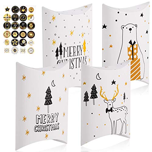 Hukermoon Adventskalender zum Befüllen, 24 Adventsgeschenk Box mit Zahlenaufklebern, Weihnachtsgeschenkbox zum DIY, Kissen Schachteln für Weihnachten zum Basteln und Verzieren