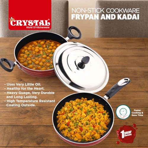 Image of Crystal Platinum Series 2 pcs Nonstick Cookware Set | 250mm Kadai + 250mm Fry Pan with Stainless Steel Lid | Thickness- 3mm | Metal Spoon Friendly
