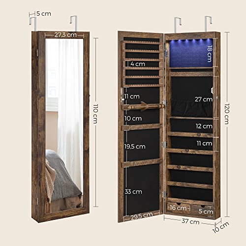 SONGMICS Espejo Joyero LED, 120 cm de Alto con Cerradura, Armario Joyero de Pared o Montado en la Puerta, Organizador de Joyas con Espejo, 2 Cajones, 10 x 37 x 120 cm, Marrón Rústico JJC93CB 3 Songmics Espejo Joyero Led, 120 Cm De Alto Con Cerradura, Armario Joyero De Pared O Montado En La Puerta, Organizador De Joyas Con Espejo, 2 Cajones, 10 X 37 X 120 Cm, Marrón Rústico Jjc93cb