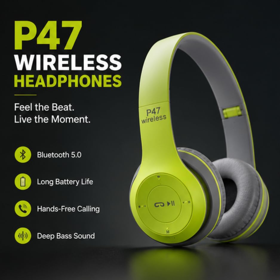Image of P0047 Wireless Bluetooth Headphones with Deep Bass, Foldable Design, Built-in Microphone, Adjustable Headband, Noise Isolation, Stereo Sound for Mobile, Laptop & Tablet (Multicolour). (Green)