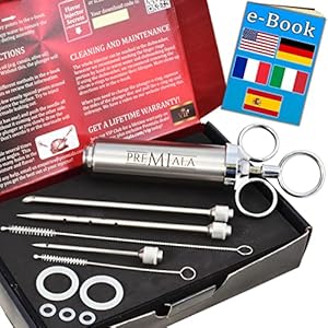 Premiala Awesome 304-Stainless Steel Meat Injector Syringe Kit – 3 Needles, Spare O-rings, E-book and Spares Available! The Original 2oz Marinade Injector Creates The Juiciest Turkey and BBQ Ever!